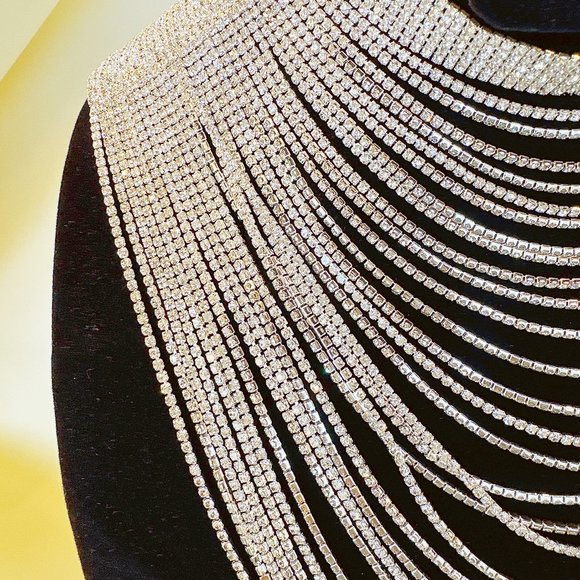 Silver -Tone Rhinestone Pave Waterfall Bib Necklace Multi Strand Chain Collar - Picture 2 of 10